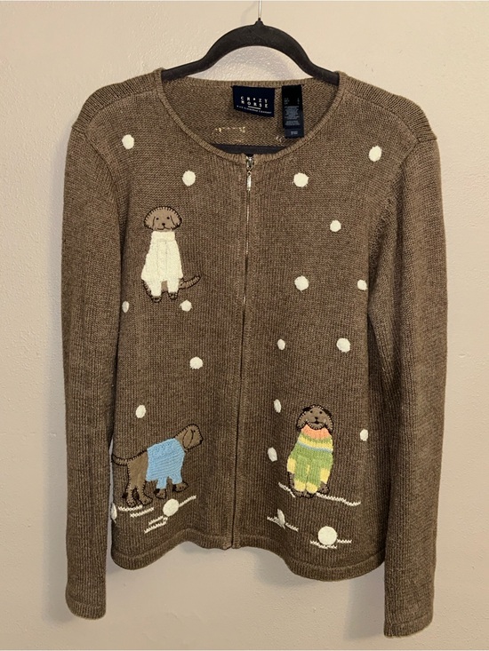 Liz Claiborne Sweaters - Liz Claiborne Brown Zip-Front Cardigan with Dog Appliqués